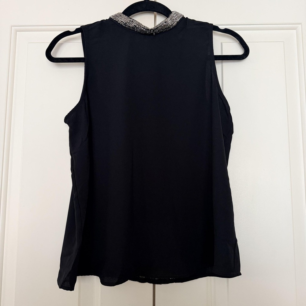 Forever 21 Top Womens XS Black Beaded High Neck Lace Back Sheer Cocktail Blouse